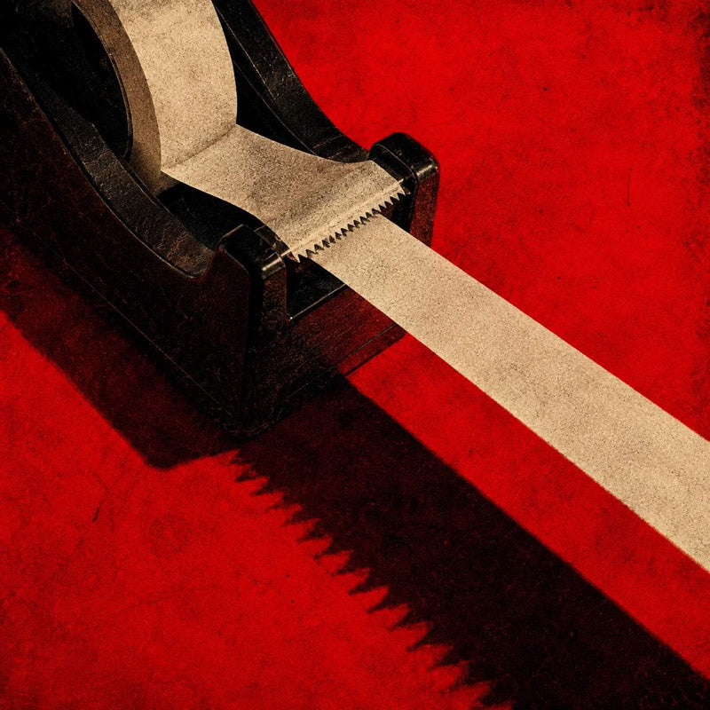 A tape dispenser pulling a strip of tape across a red ground
