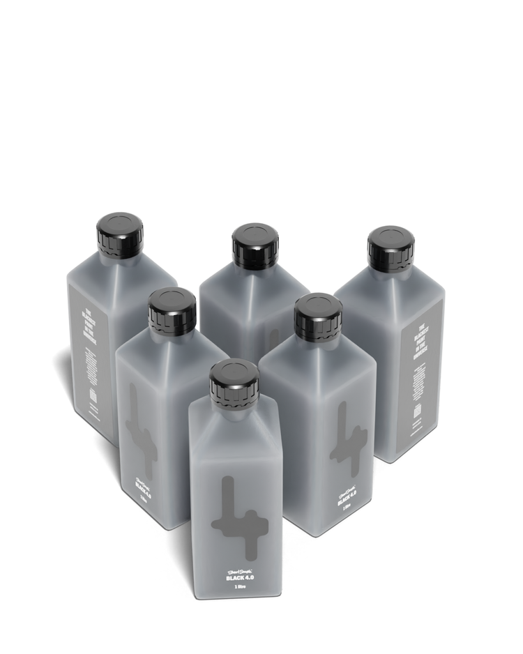 Six bottles of BLACK 4.0 paint, featuring a sleek design with black labels and a matte finish, arranged in a cluster.