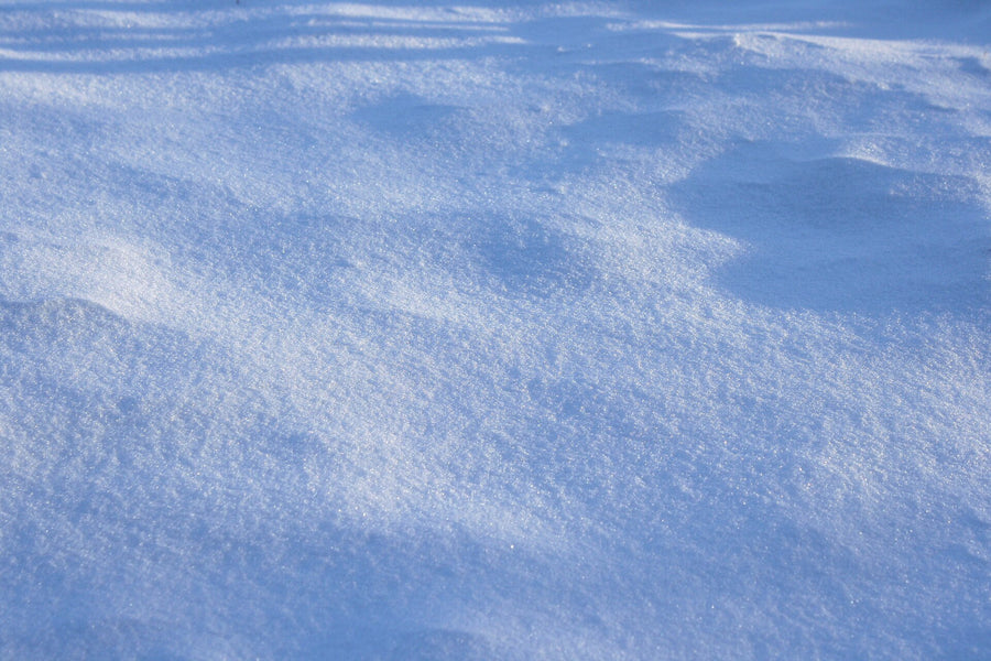 Close view of snow with soft blue shadows in the hollows