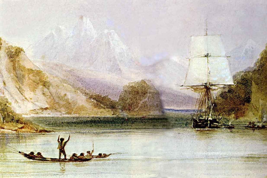 Watercolour of HMS Beagle at sea by Conrad Martens