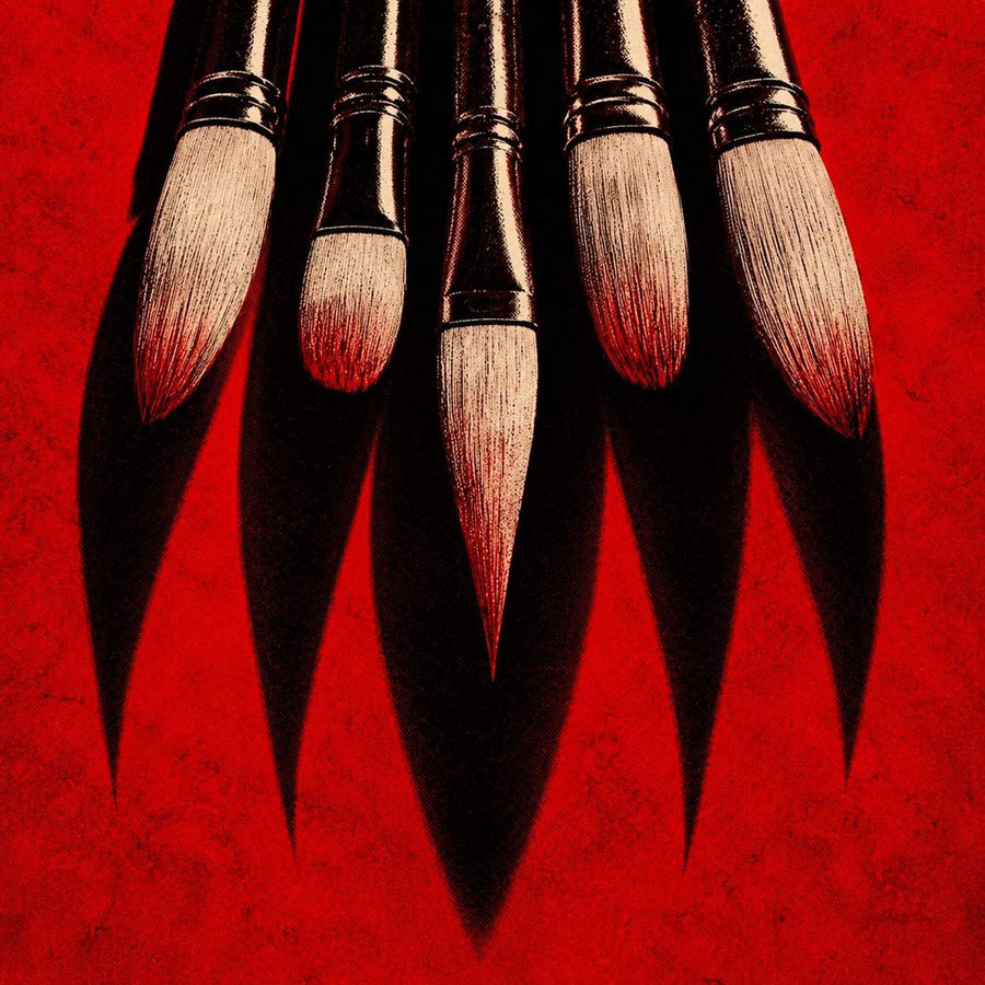 Paintbrushes with sharpened black claw tips on a red ground