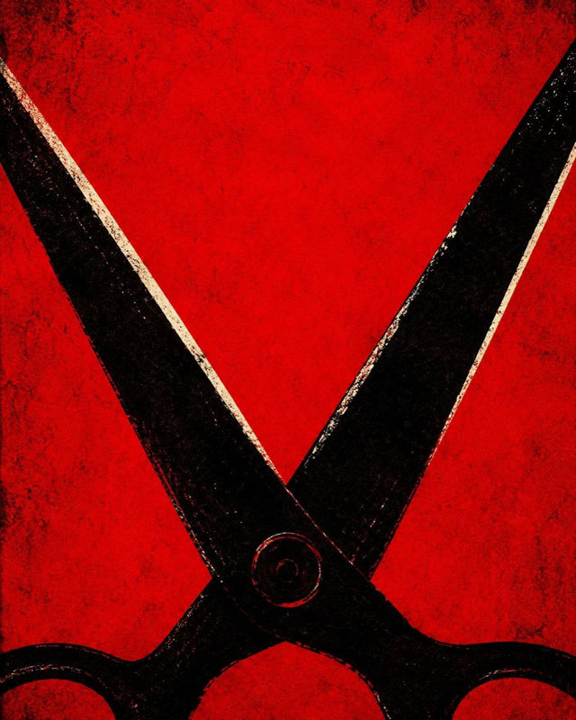Black scissors open against a red wall