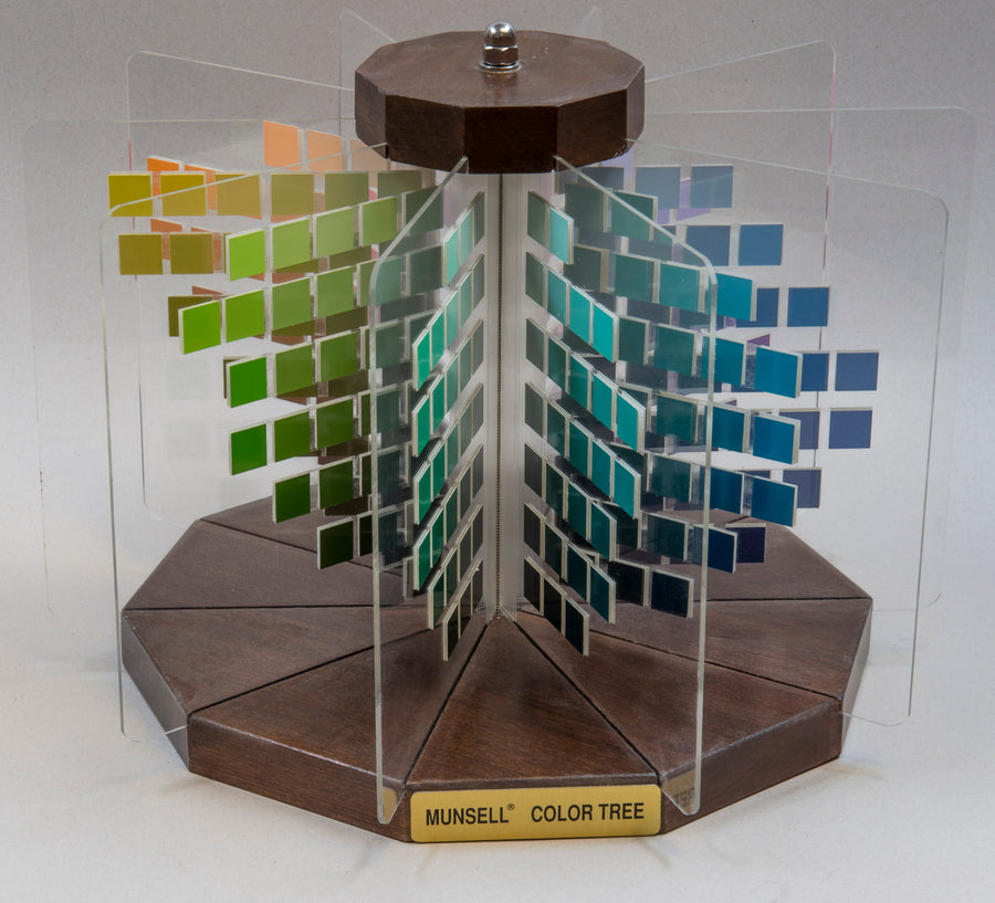 A physical Munsell colour tree with painted chips arranged by hue, value and chroma
