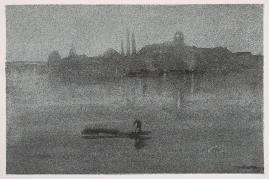 Nocturne, an etching by James McNeill Whistler of the river at night in dark tones